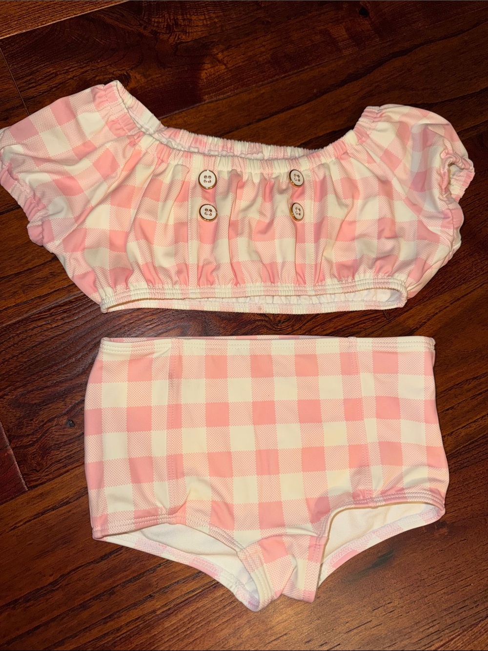 Janie and Jack Two Piece Candy Pink Retro Gingham Puff Sleeve Swim 6
